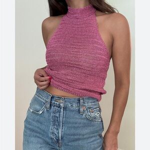 Isalis Metallic Knit Halter Top Glittery Pink Large